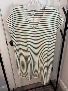 J. Crew Cream & Green Striped V-Neck Shift Dress
